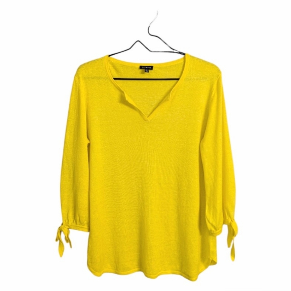 Talbots Hamptons Linen Sweater Yellow V-Neck 3/4 Sleeve Casual Lightweight S